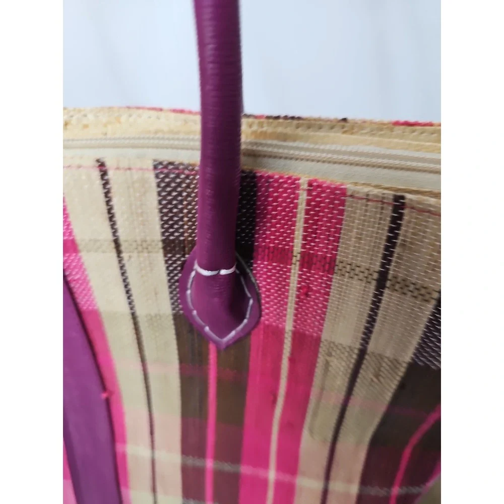 Handmade Woven Raffia Tote Bag Purple Faux Leather Straps Striped Boho Summer